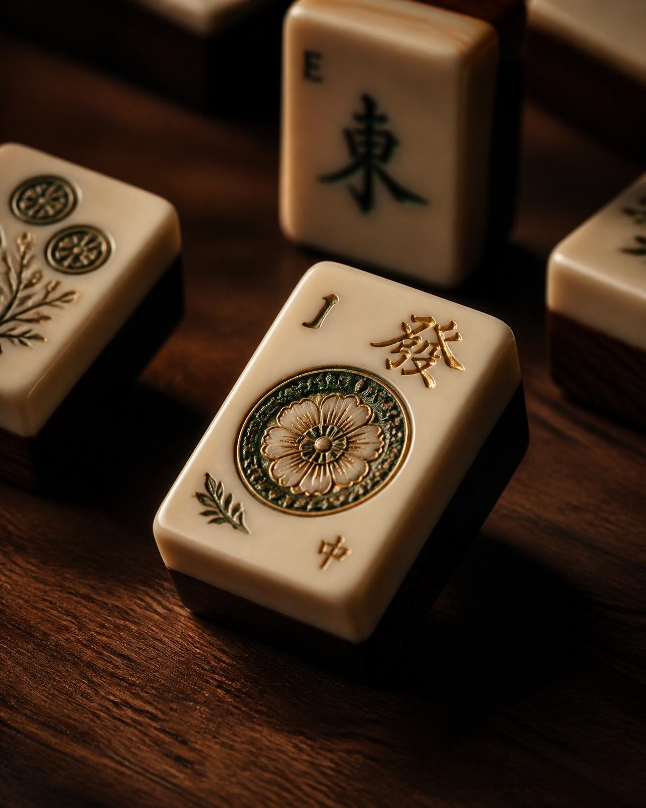 Detail of hand-carved mahjong tiles in ivory and jade